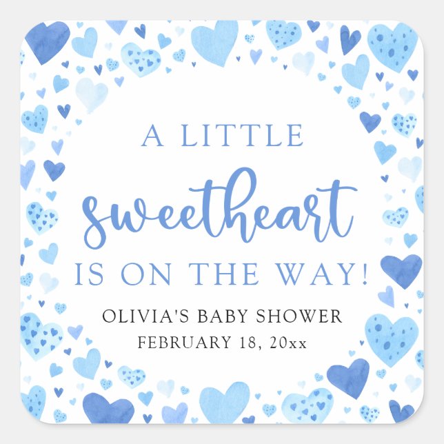 Blue Little Sweetheart Valentine's Day Baby Shower Square Sticker (Front)