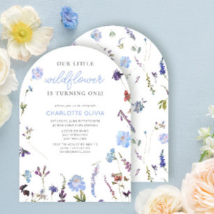 Blue Little Wildflower Watercolor 1st Birthday Invitation