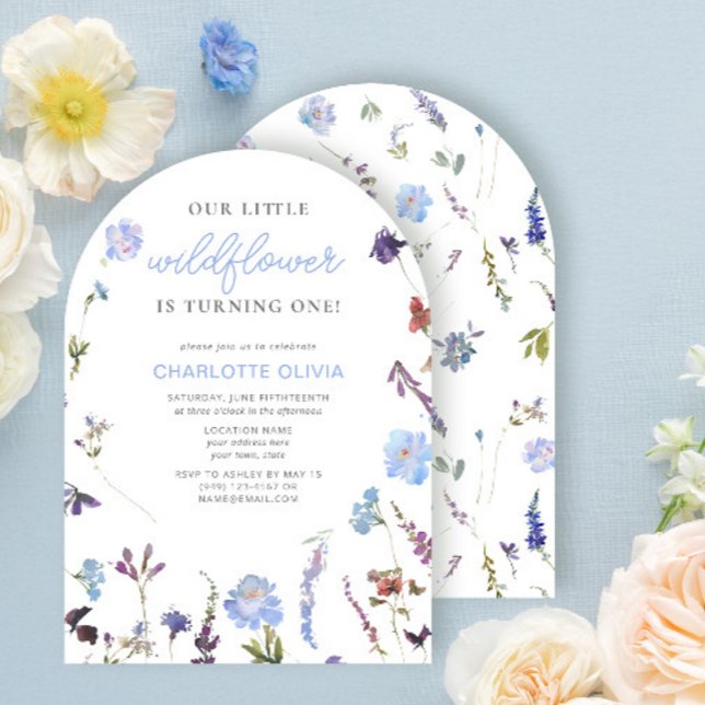 Blue Little Wildflower Watercolor 1st Birthday Invitation (Creator Uploaded)