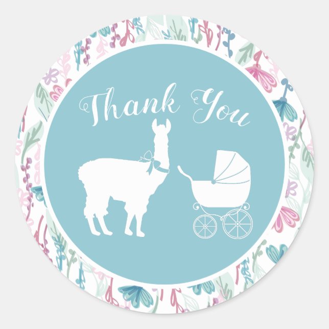 Blue Llama Boy Baby Shower Classic Round Sticker (Front)