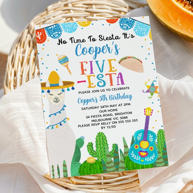 Blue Llama Taco Fiesta Five-Esta 5th Birthday Invitation (Boys Mexican Five-esta Fiesta 5th Birthday Invitation, Fiesta 5th Birthday Invitation For Boy, llama)