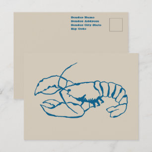 Blue Lobster Line Drawing On Sandy Beach Tan Color Postcard