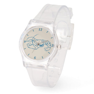 Blue Lobster Line Drawing On Sandy Beach Tan Color Watch