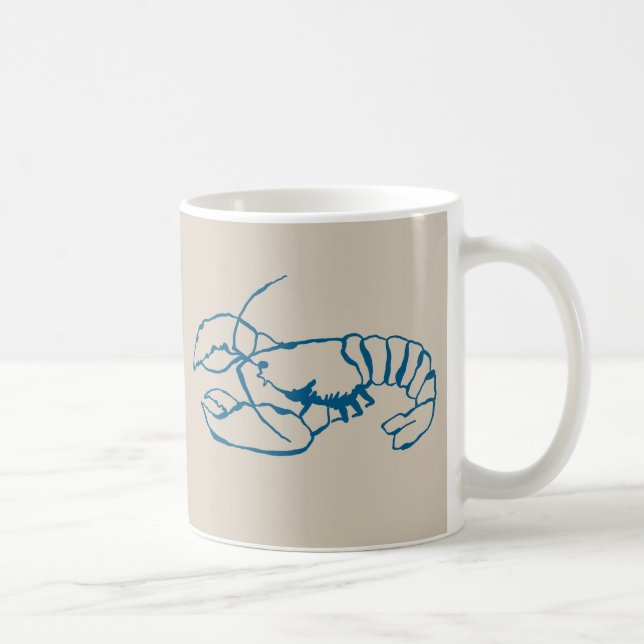 Blue Lobster Line Drawing On Sandy Beach Tan Colou Coffee Mug (Right)