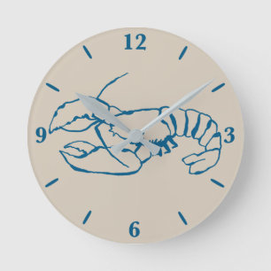 Blue Lobster Line Drawing On Sandy Beach Tan Colou Round Clock