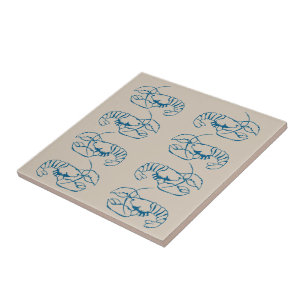 Blue Lobster Line Drawing On Sandy Beach Tan Colou Tile