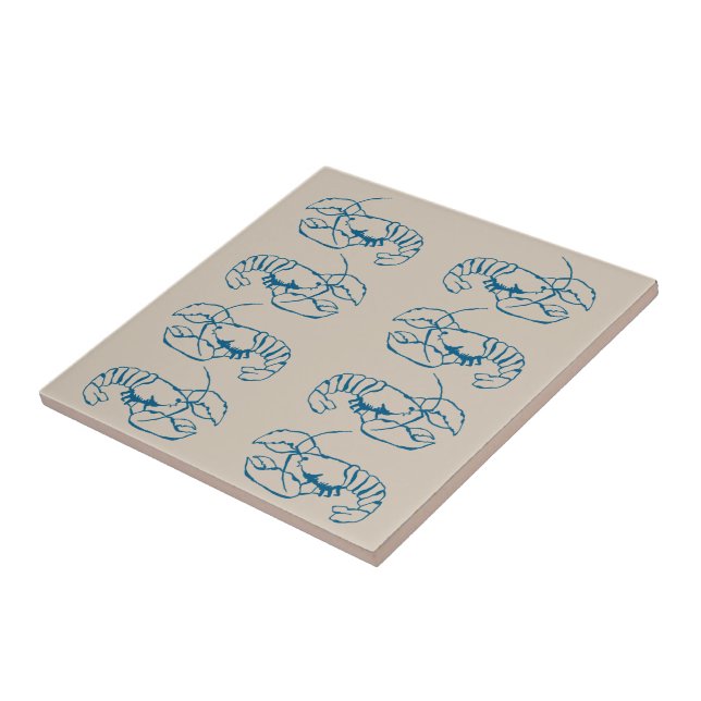 Blue Lobster Line Drawing On Sandy Beach Tan Colou Tile (Side)