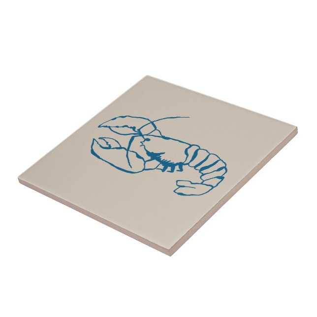 Blue Lobster Line Drawing On Sandy Beach Tan Colou Tile (Side)