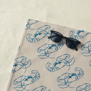 Blue Lobster Line Drawing On Sandy Beach Tan Colou Towel