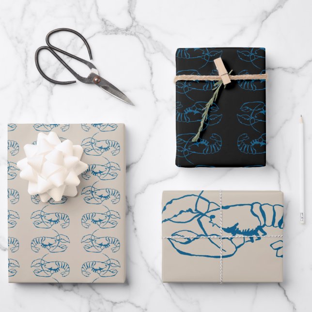 Blue Lobster Line Drawing On Sandy Beach Tan Colou Wrapping Paper Sheet (Front)