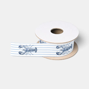 Blue Lobster on Blue and White Stripes Satin Ribbon