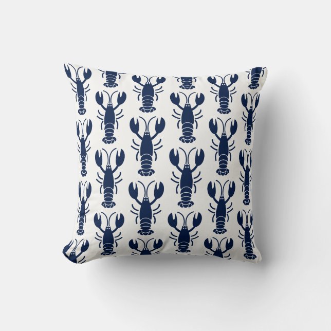 Blue Lobster Pattern on White Throw Pillow (Front)
