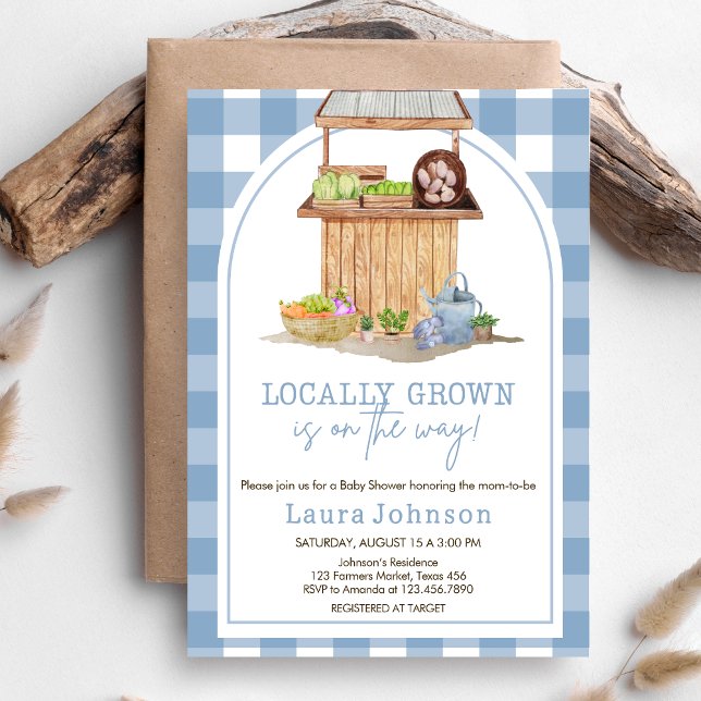 Blue Locally Grown Farmers Market Baby Shower Invitation (Blue Farmers Market Locally Grown Baby Shower Invitation)