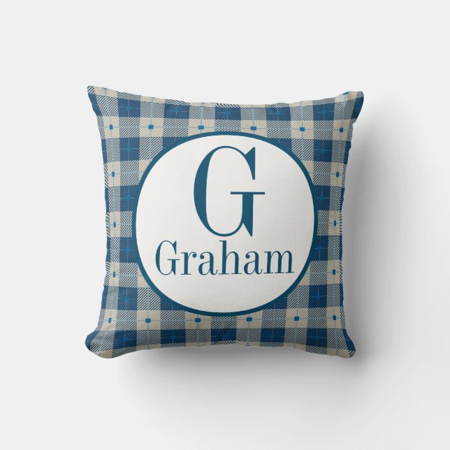 Blue Lodge Plaid Monogram Personalised Cushion (Front)