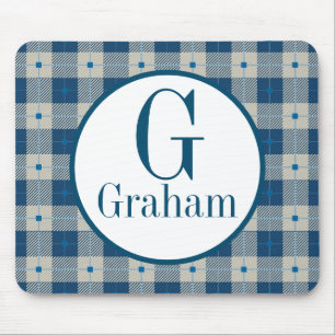 Blue Lodge Plaid Monogram Personalised Mouse Mat