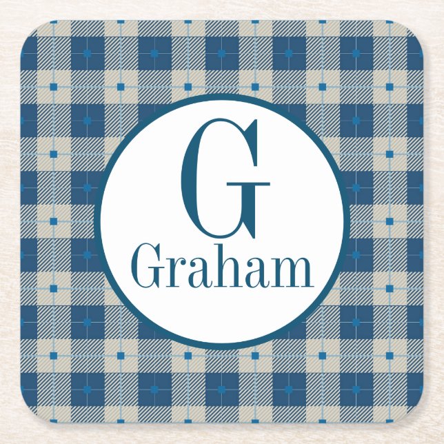 Blue Lodge Plaid Monogram Personalised Square Paper Coaster (Front)