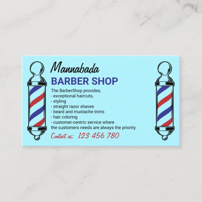 Blue Logo Barber Pole Business Card (Front)