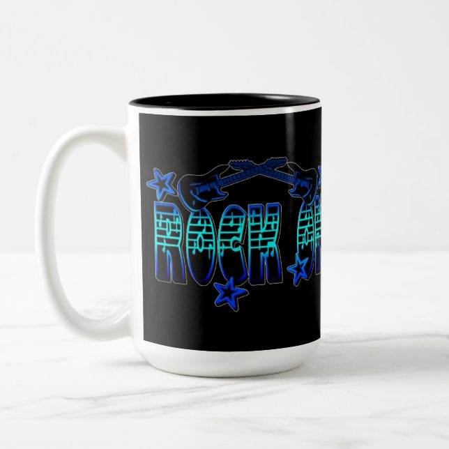 Blue Logo Rock On Guitars & Stars Two-Tone Coffee Mug (Left)
