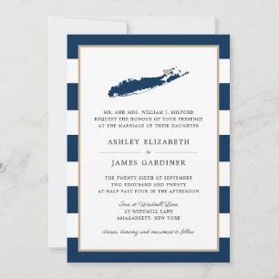 Blue Long Island Map North Fork Gold Heart Wedding Invitation