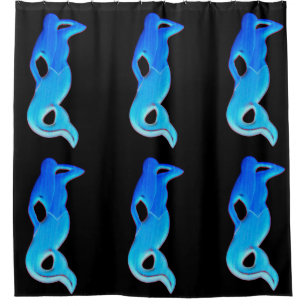 blue lookout mermaids on black shower curtain