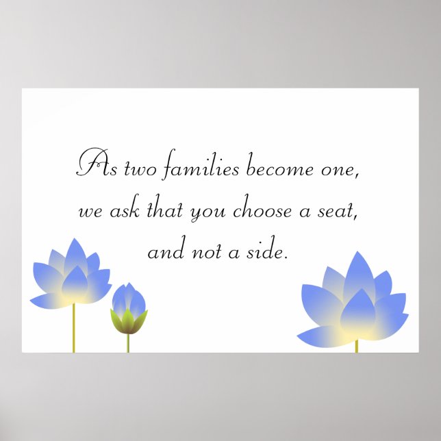 Blue lotus blossoms grey wedding seating sign (Front)