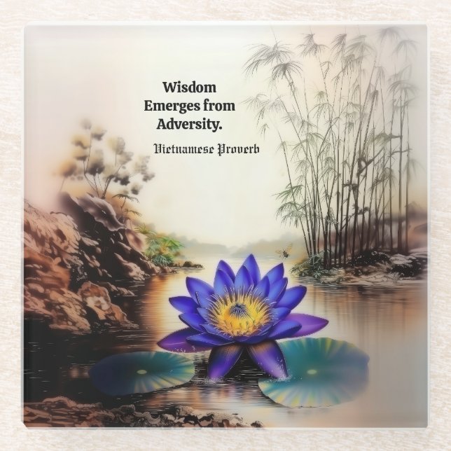 Blue Lotus Emerging from Muddy Waters (Vietnamese) Glass Coaster (Front)