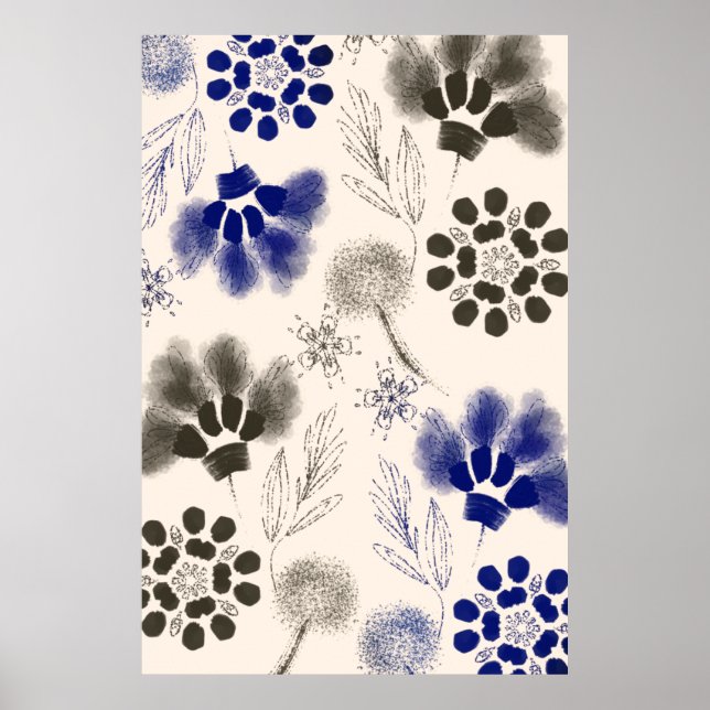Blue Lotus Floral Drawing Poster (Front)