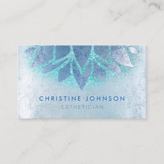 blue lotus flower and faux teal glitter business card (Front)