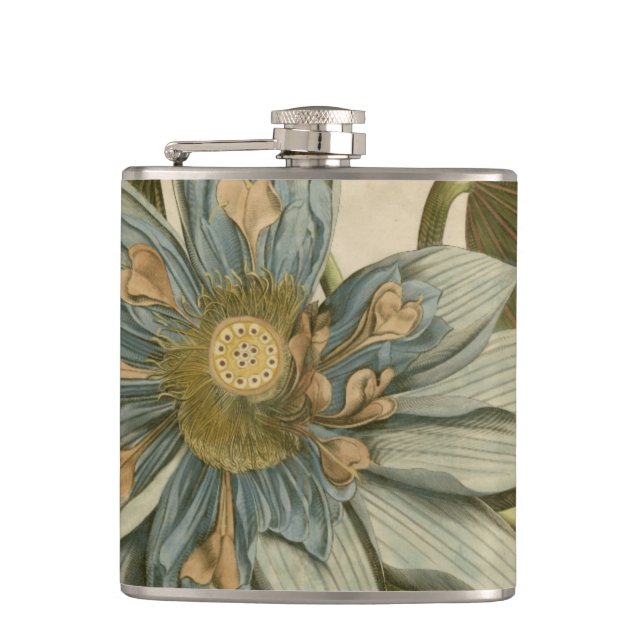 Blue Lotus Flower on Tan Background with Writing Hip Flask (Front)