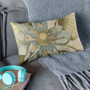 Blue Lotus Flower on Tan Background with Writing Lumbar Cushion
