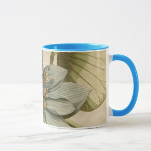 Blue Lotus Flower on Tan Background with Writing Mug