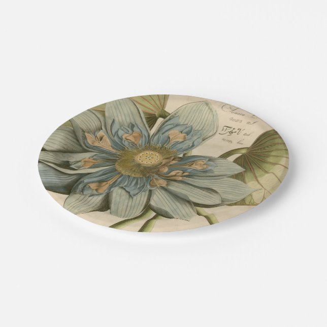 Blue Lotus Flower on Tan Background with Writing Paper Plate (Angled)