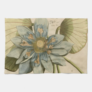 Blue Lotus Flower on Tan Background with Writing Tea Towel