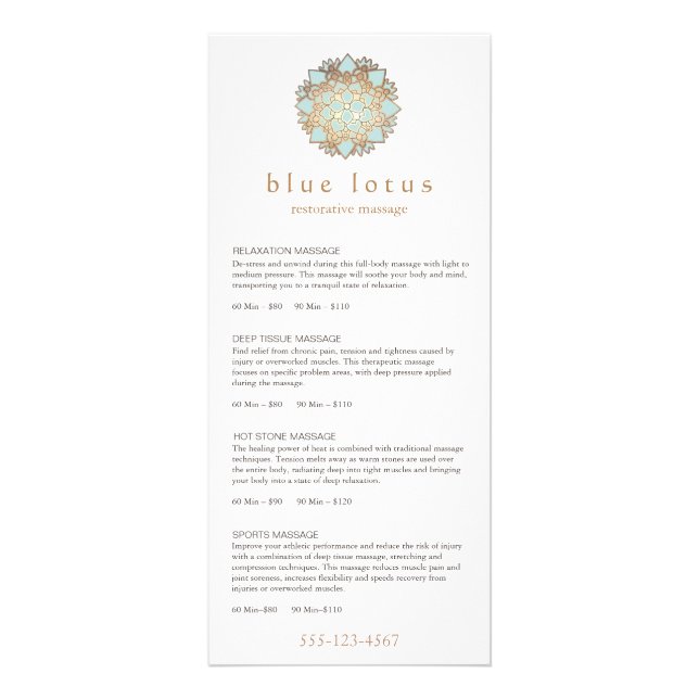 Blue Lotus Massage Therapist Price List Menu (Front)
