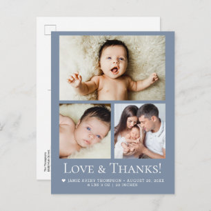 Blue Love and Thanks Baby Photo Birth announcement Postcard