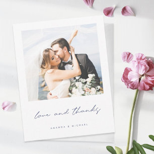 Blue Love and Thanks Newlywed Photo Wedding Thank You Card