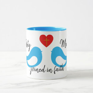 Blue Love Birds Heart with Cross and Names Wedding Mug