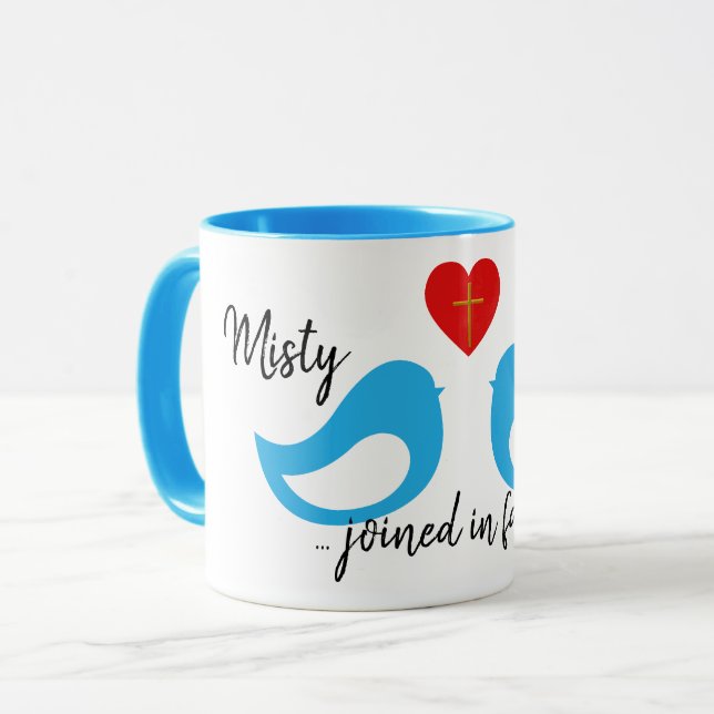 Blue Love Birds Heart with Cross and Names Wedding Mug (Front Left)