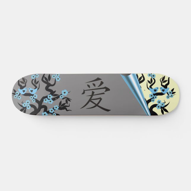 Blue Love Birds On Sakura Tree Chinese Love Symbol Skateboard (Horz)