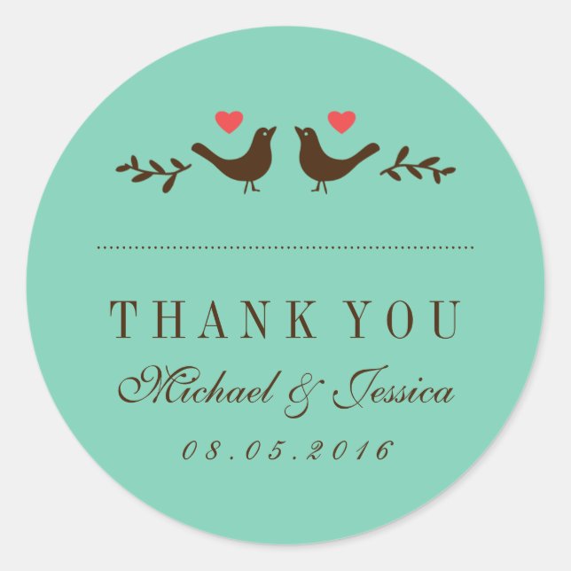 Blue Love Birds Rustic Wedding Thank You Sticker (Front)