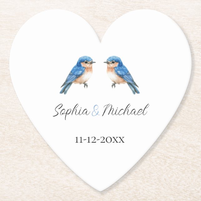 Blue Love Birds Wedding Paper Coaster (Front)