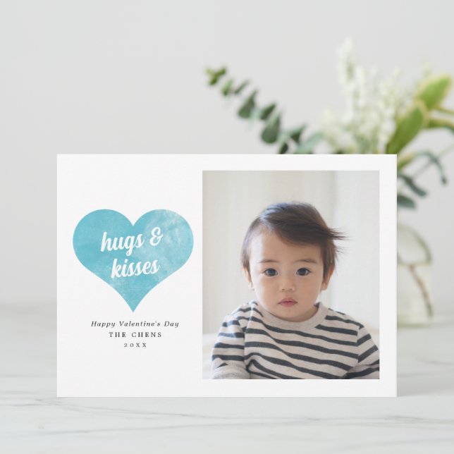 Blue Love Heart Modern Valentine's Day Photo Holiday Card (Standing Front)