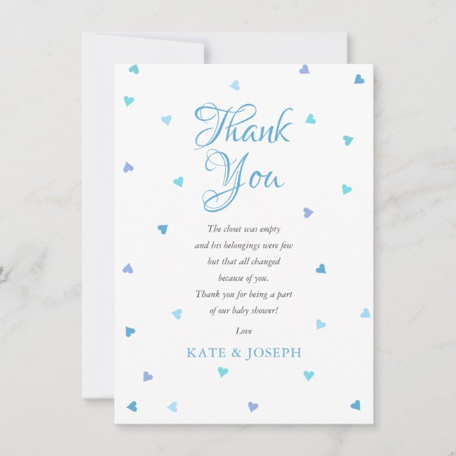 Blue Love Hearts Baby Shower Thank You Poem Card (Front)