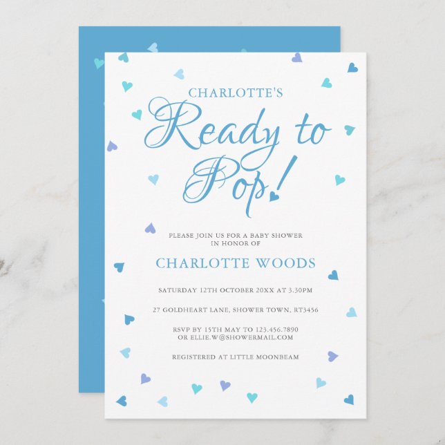 Blue Love Hearts Ready To Pop Baby Boy Shower Invitation (Front/Back)