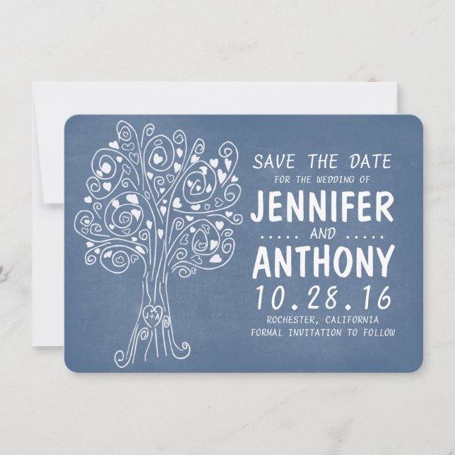 blue love hearts tree rustic save the date cards (Front)