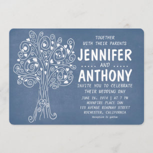blue love hearts tree rustic wedding invitation