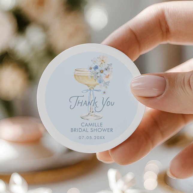 Blue Love in Bloom Bridal Shower Thank You Classic Round Sticker (Blue Brunch and Bubbly Bridal Shower Round Sticker)