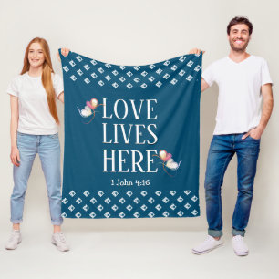 Blue   LOVE LIVES HERE   Stylish Customisable Fleece Blanket