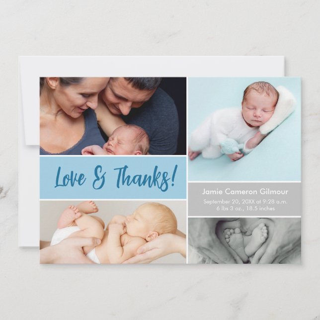 Blue Love & Thanks Photo Collage Baby boy Shower  Thank You Card (Front)