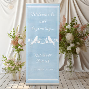 Blue Lovebird Floral Wedding Welcome Retractable Banner